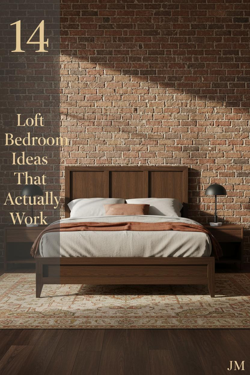 Industrial loft bedroom with exposed amber brick wall, dark walnut floors, oatmeal linen bedding, rust throw, and faded Persian rug in warm afternoon light
