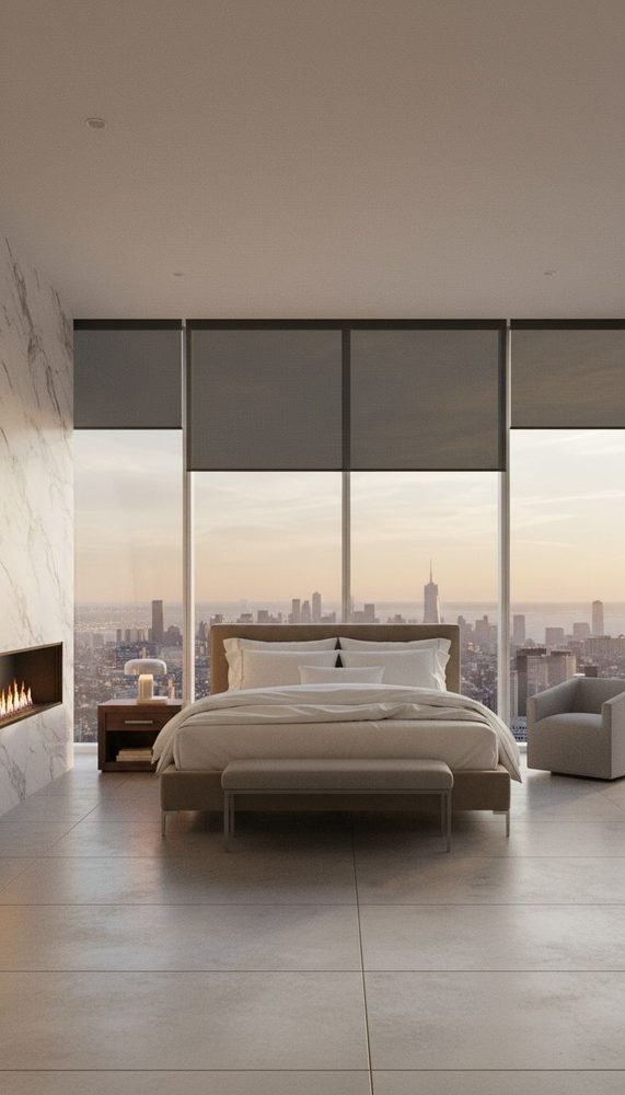 Modern bedroom with floor to ceiling windows grey motorized shades neutral bedding and city views
