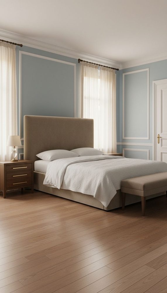 Soft blue bedroom with white trim panels walnut floors cream upholstered bed white curtains