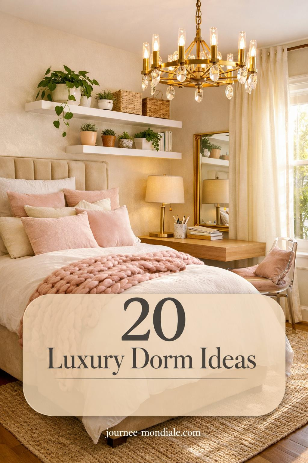 Sophisticated university dorm featuring champagne velvet headboard, blush pink pillows, brass chandelier, floating desk, pothos plants, and jute rug in warm neutral tones