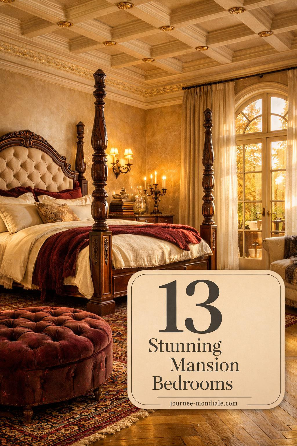Opulent mansion bedroom featuring four-poster mahogany bed, coffered ceiling, Calacatta marble fireplace, Persian rug, and golden hour light through arched windows
