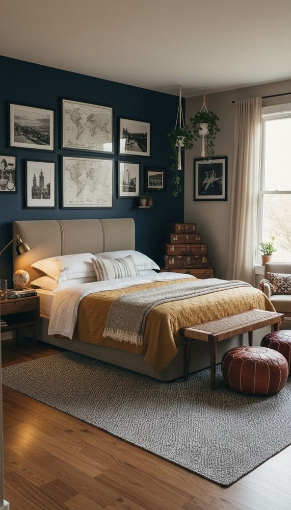 Navy accent wall with framed maps and prints above upholstered bed on jute rug