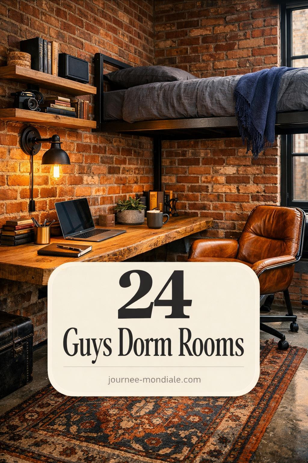 Urban dorm room featuring exposed red brick wall, reclaimed white oak floating desk, black steel loft bed, vintage cognac leather chair, and warm Edison bulb lighting