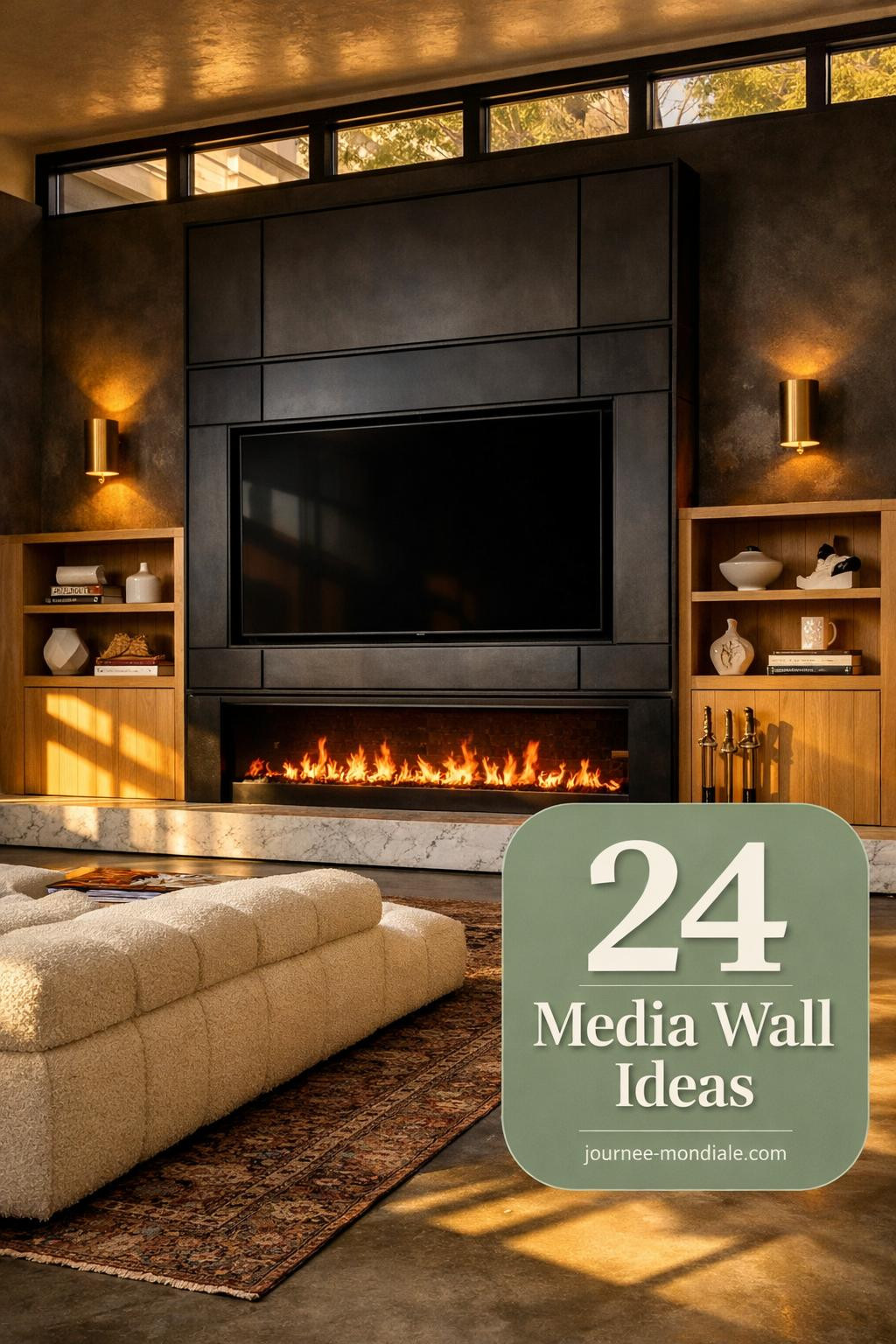 Contemporary living room featuring blackened steel media wall with mounted TV above linear electric fireplace, white oak shelving, marble hearth, and cream boucle sectional