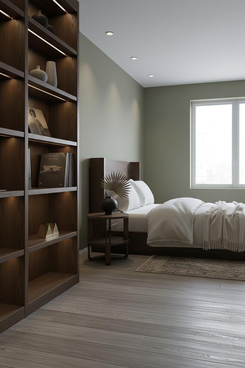 Mens Bedroom Colors Olive Walnut Shelving