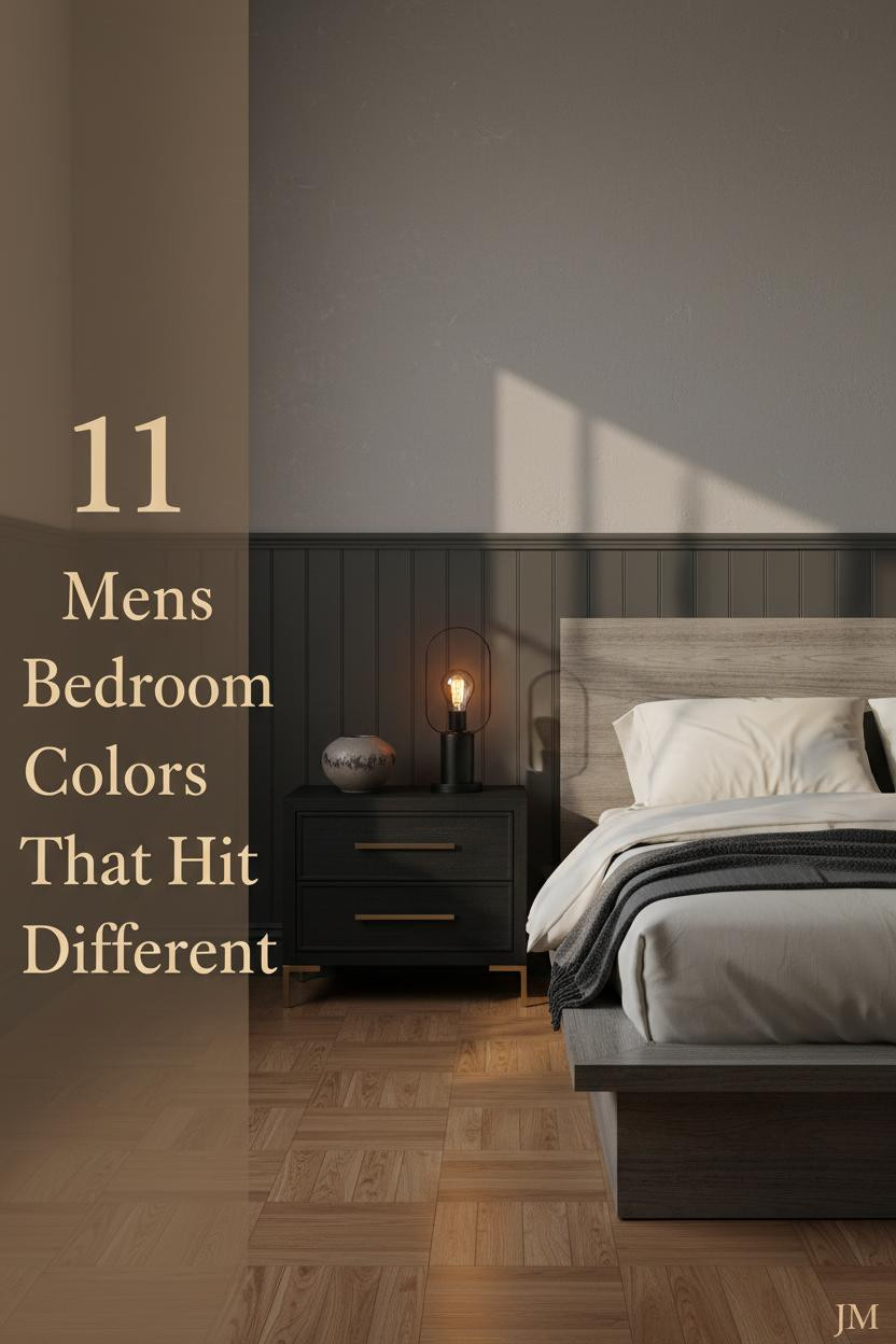 Masculine bedroom with matte charcoal wainscoting, warm greige plaster walls, honey parquet floor, ivory bedding, and sculptural black nightstand lamp