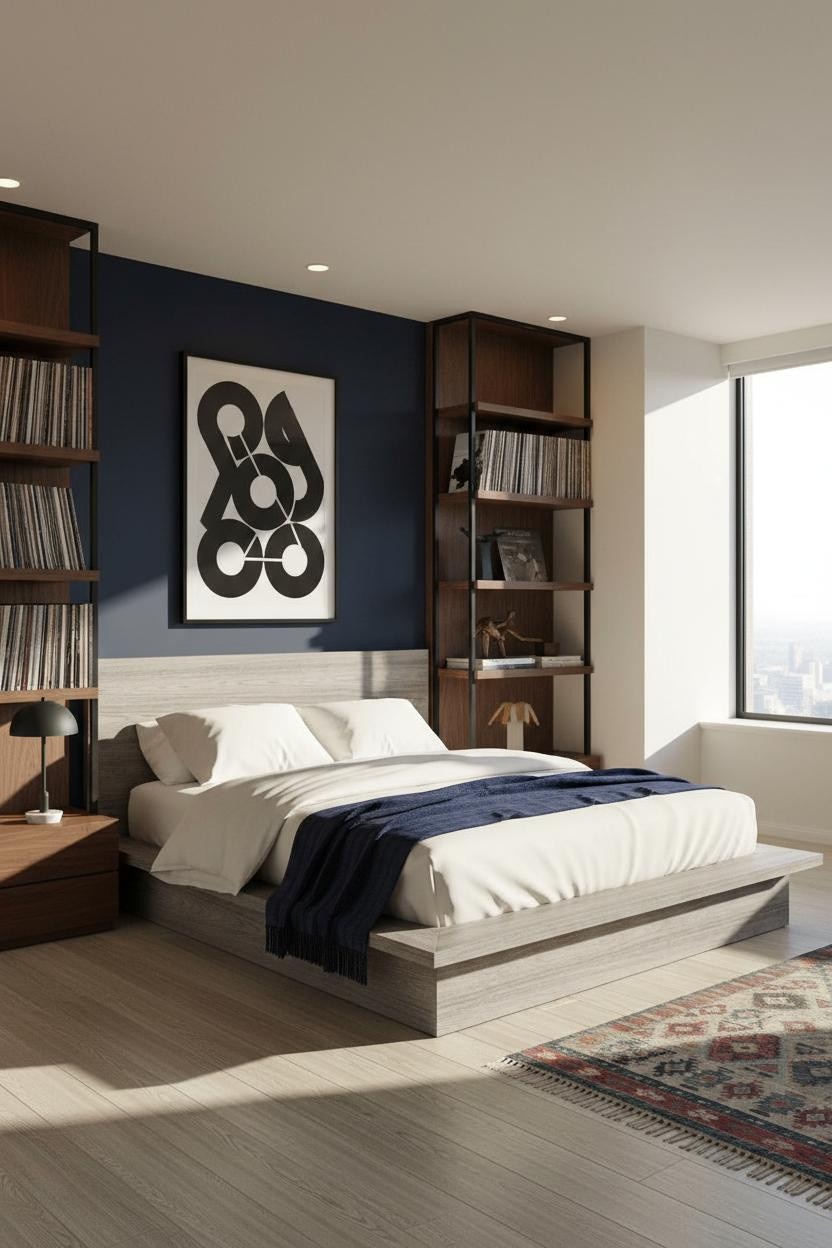 Mens Bedroom Navy Walnut Shelving