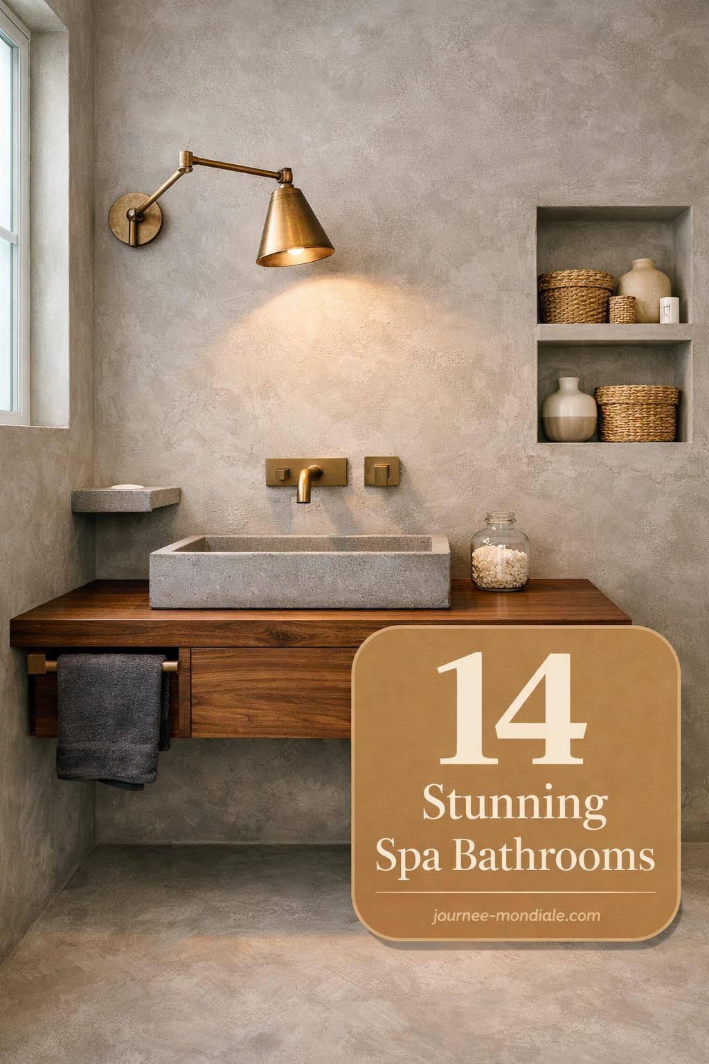 Contemporary spa bathroom featuring seamless dove grey microcement walls, floating walnut vanity with concrete basin, brushed brass fixtures, and natural morning light