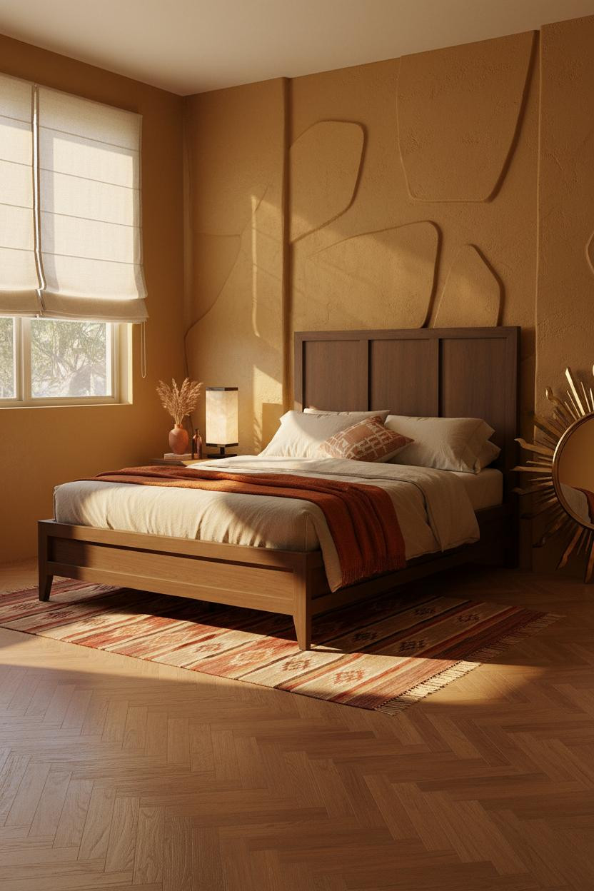 Mid Century Bedroom Boho Modern Walnut Brass Accents