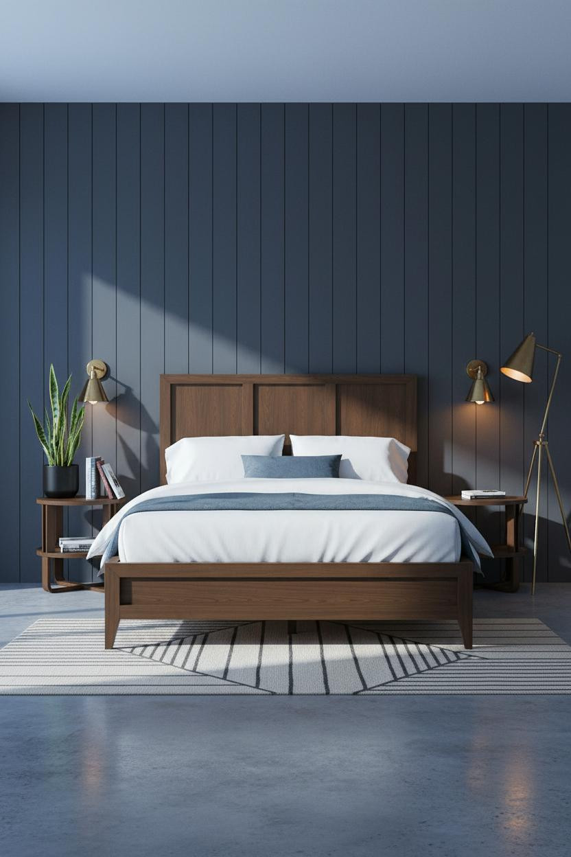 Mid Century Bedroom Charcoal Shiplap Brass Accents