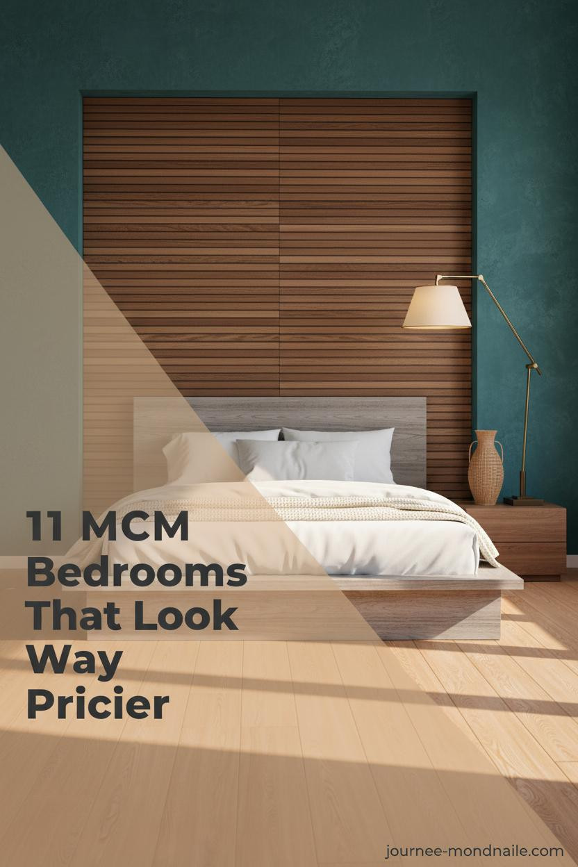 Mid century modern bedroom with deep teal walls, walnut slat feature wall, brass arc lamp, boucle throw, and warm oak flooring in afternoon light