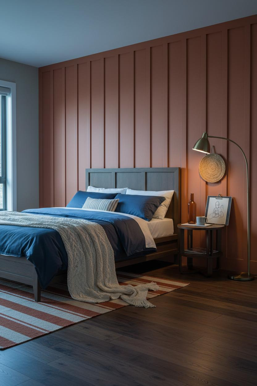 Mid Century Bedroom Rust Accent Wall Walnut Bed