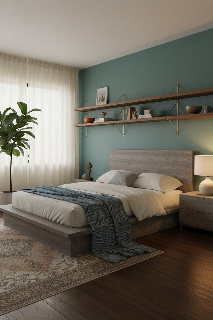 Mid Century Bedroom Walnut Shelving Teal Walls