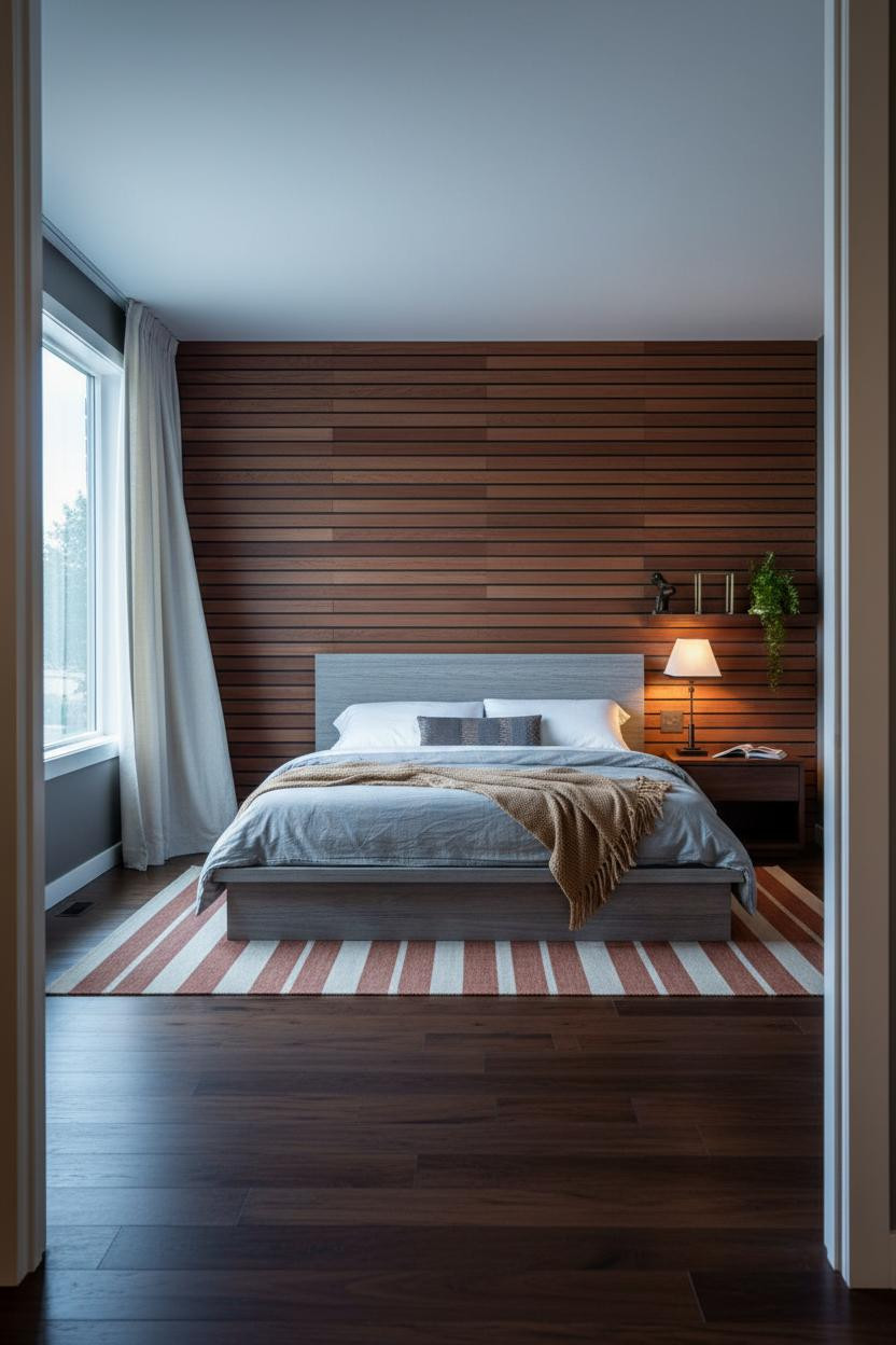 Mid Century Bedroom Walnut Slat Wall Brass Lamp