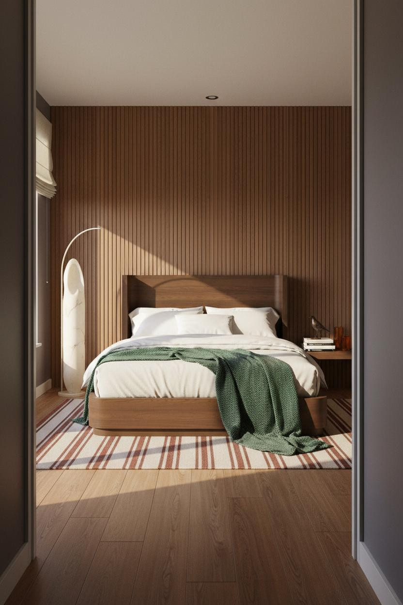 Mid Century Bedroom Walnut Slat Wall Design