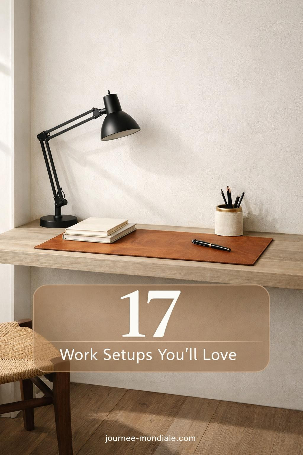 Serene minimalist workspace featuring pale ash floating desk, cognac leather pad, matte black task lamp, and bentwood stool
