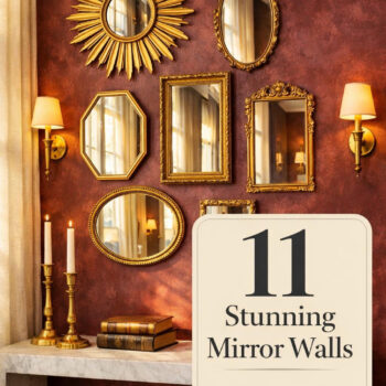 Salon-style mirror arrangement on deep burgundy limewash wall featuring seven ornate gold-leaf frames in mixed shapes above marble console