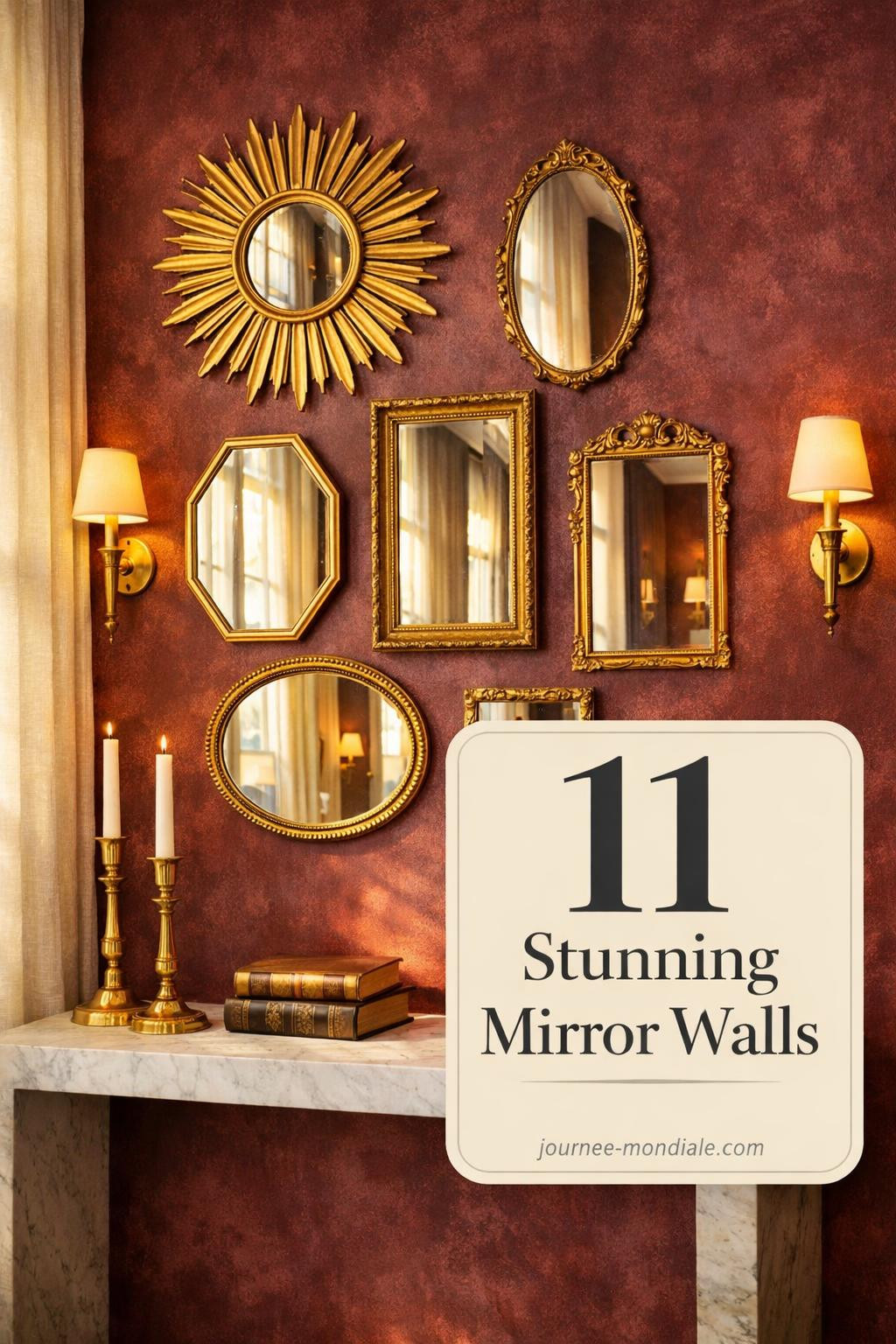 Salon-style mirror arrangement on deep burgundy limewash wall featuring seven ornate gold-leaf frames in mixed shapes above marble console