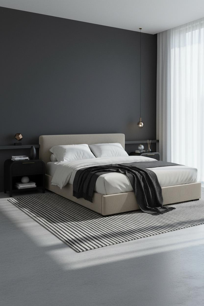 Modern Bed Design Charcoal Accent Wall