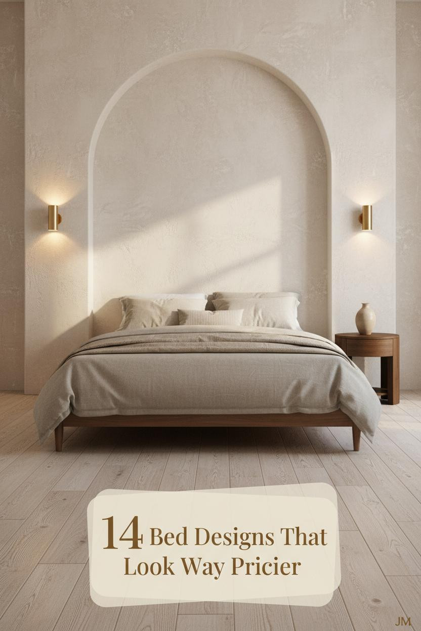 Low-profile bed frame with ivory linen bedding beneath a troweled plaster arch, warm amber sconces, bleached oak floor, ceramic vase accent