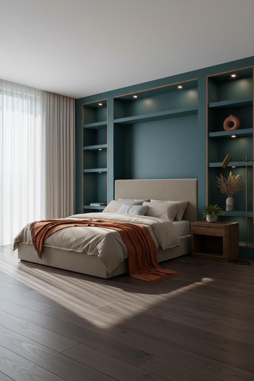 Modern Bed Design Teal Built In Shelving Bedroom Ideas With Dark Walnut Flooring