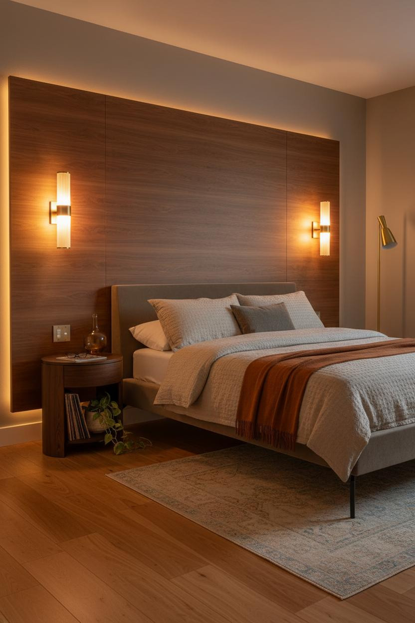 Modern Bed Design Walnut Accent Wall