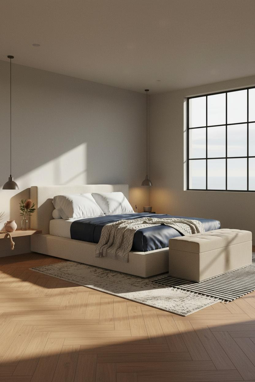 Modern Coastal Bedroom Crittall Windows Herringbone