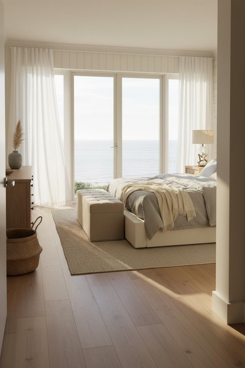 Modern Coastal Bedroom Glass Doors Neutral