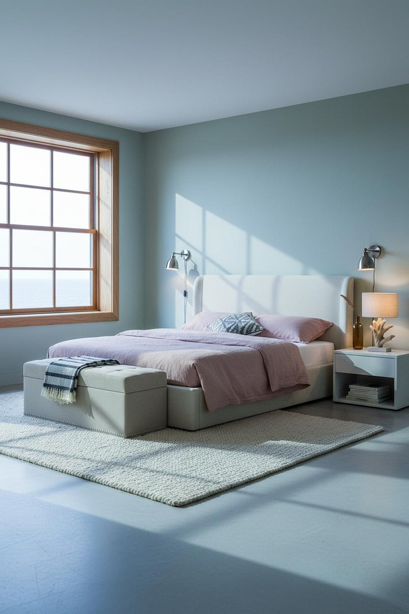 Modern Coastal Bedroom Seafoam Oak Windows