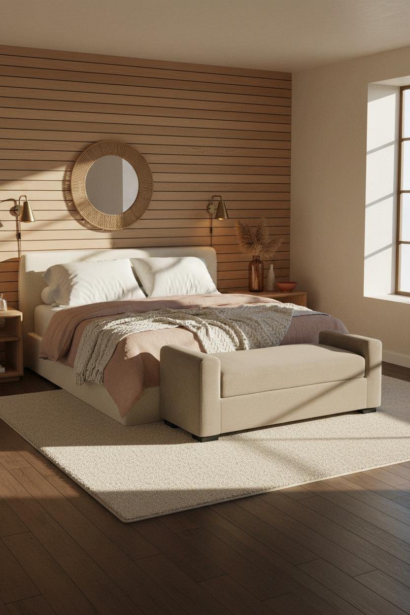 Modern Coastal Bedroom Wood Slat Accent Wall