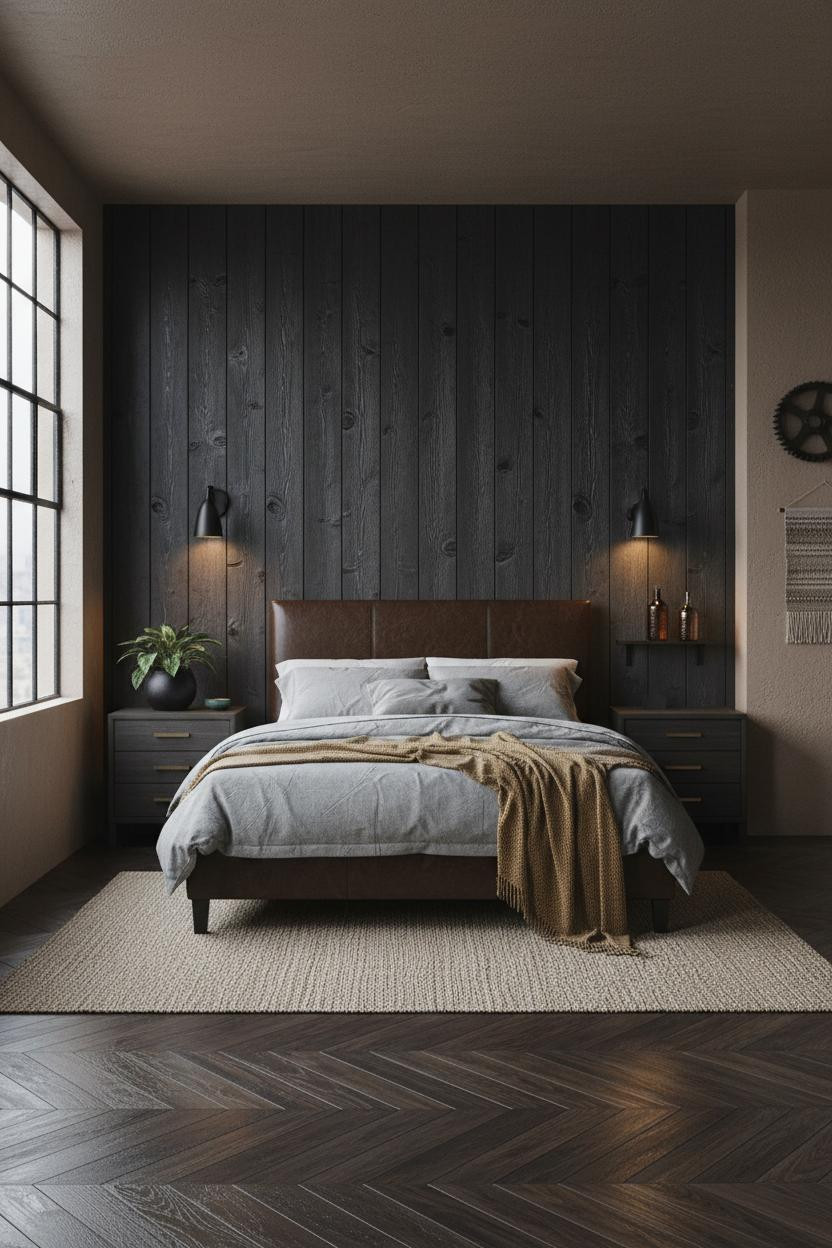 Modern Industrial Bedroom Dark Wood Accent