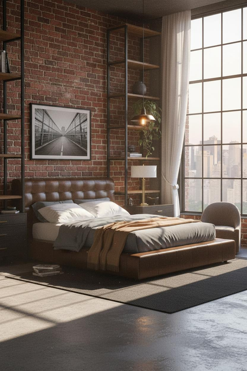 Modern Industrial Bedroom Exposed Brick Steel Shelving