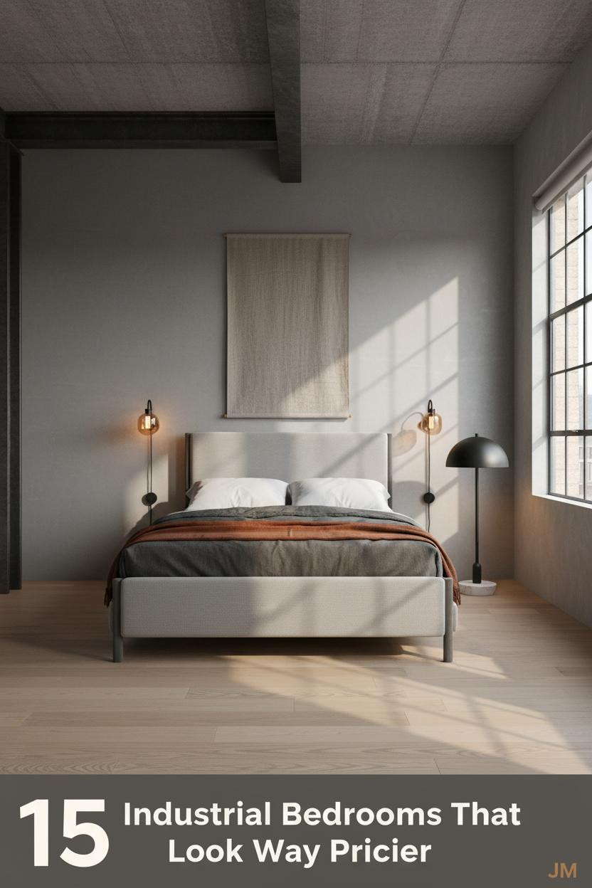 Raw industrial bedroom with concrete ceiling, dove grey plaster wall, charcoal linen bedding, rust mohair throw, and warm amber sconce lighting