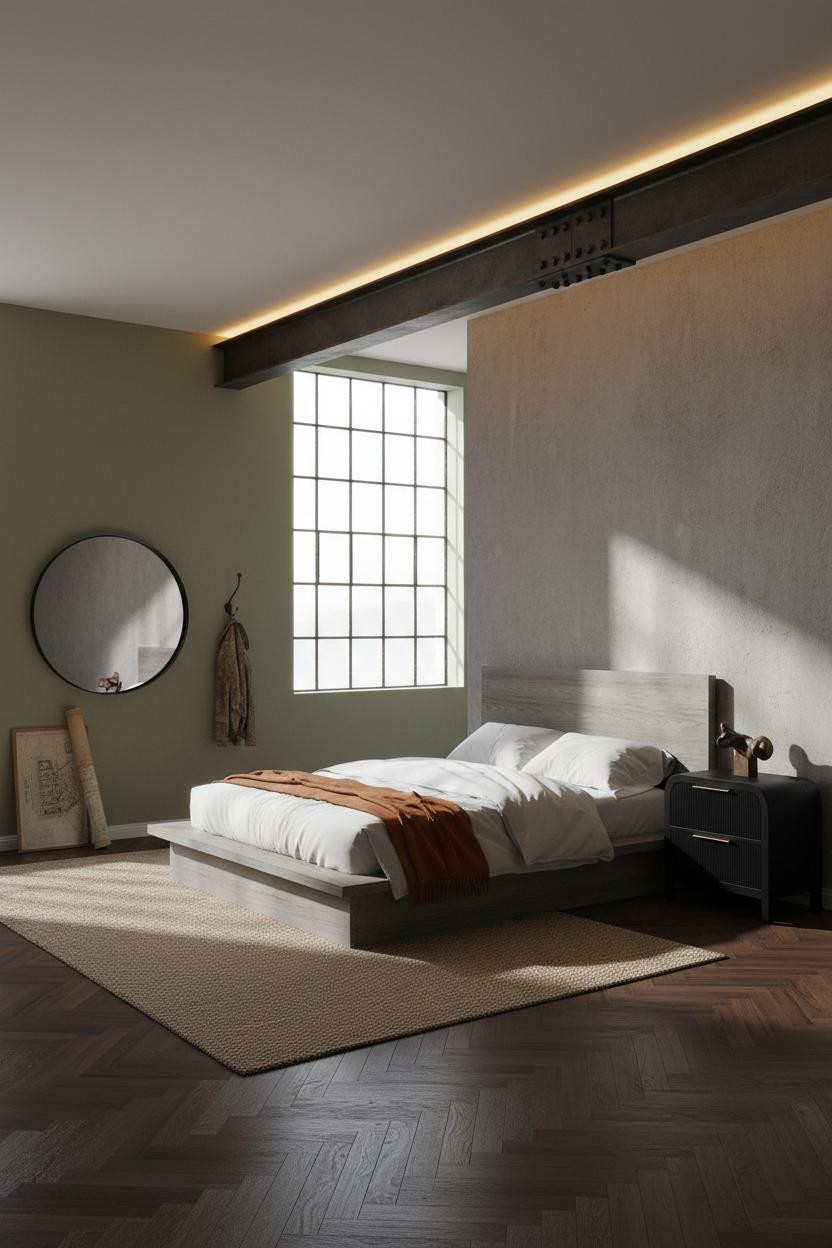 Modern Industrial Bedroom Steel Beam Sage