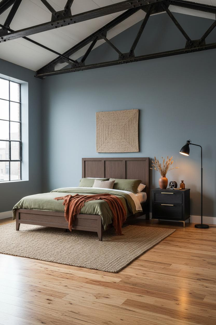 Modern Industrial Bedroom Exposed Steel Trusses