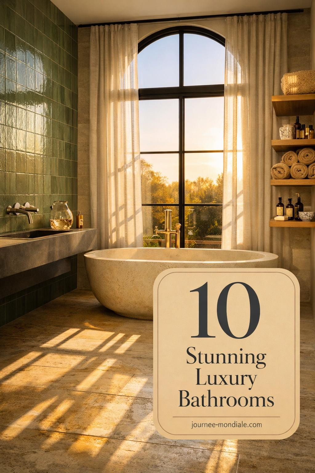 Elegant modern bathroom featuring freestanding limestone soaking tub under arched window, sage green tile wall, floating concrete vanity, warm brass fixtures, travertine floors