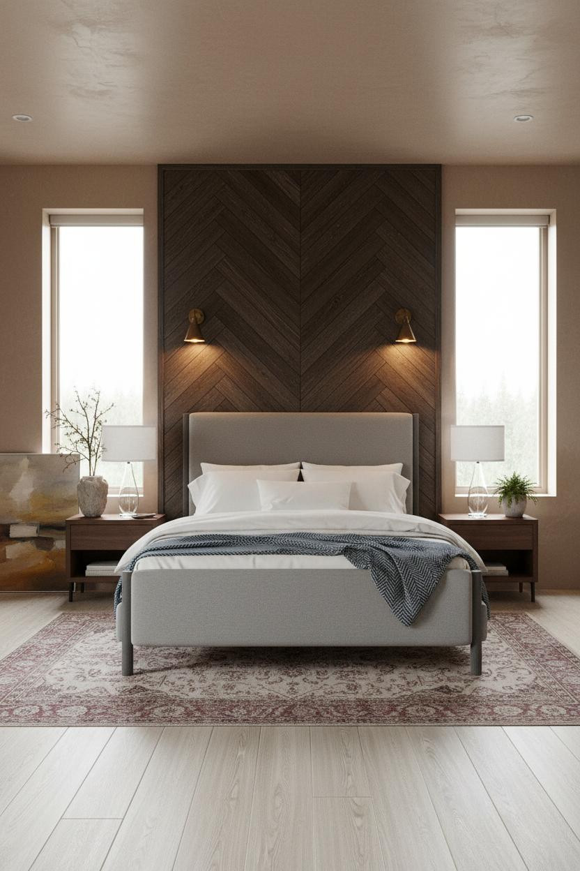 Modern Luxury Bed Design Herringbone Headwall