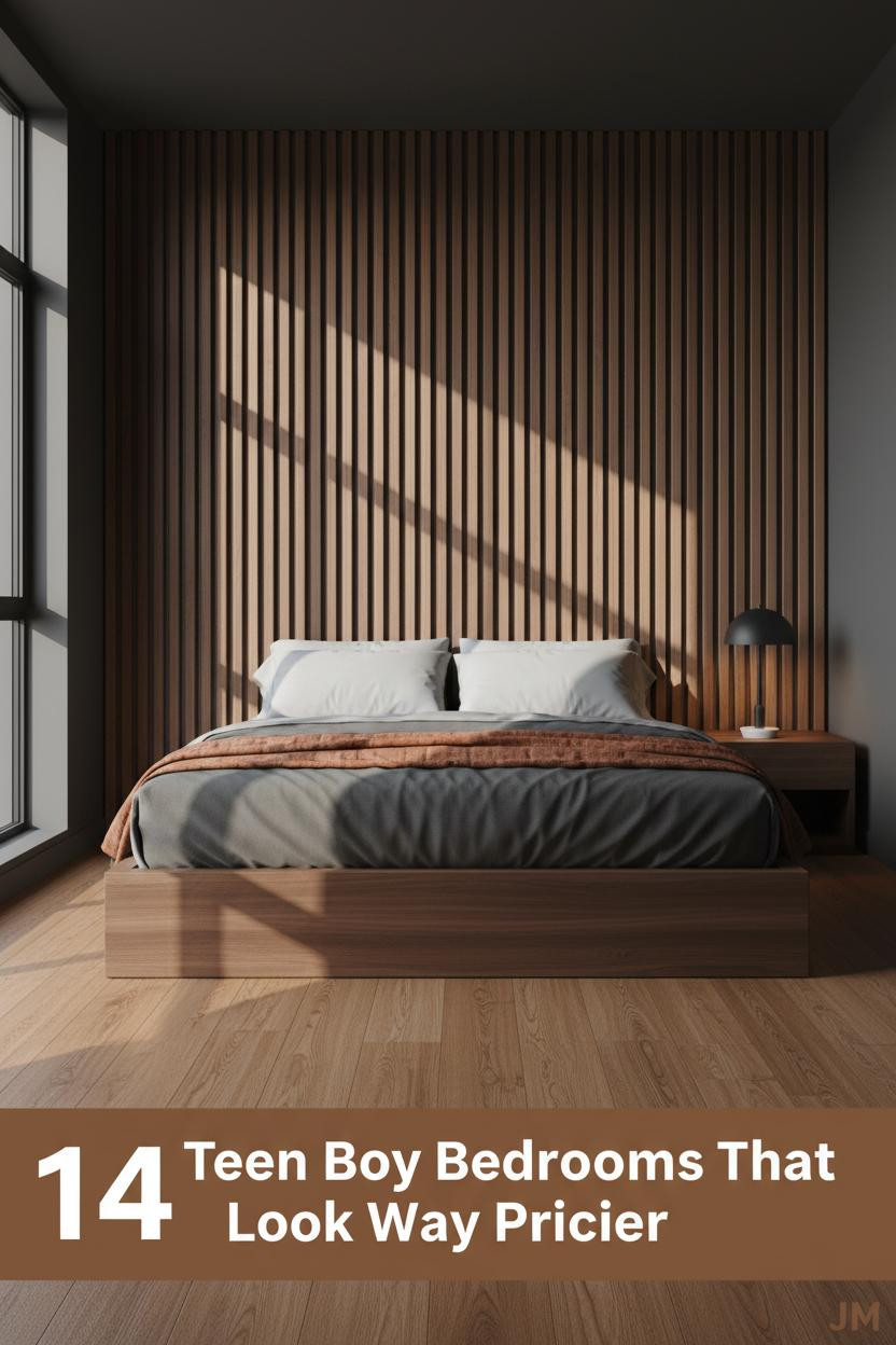 Modern teen boy bedroom with walnut slat wall, charcoal bedding, rust linen throw, dark wood nightstand, and warm afternoon light