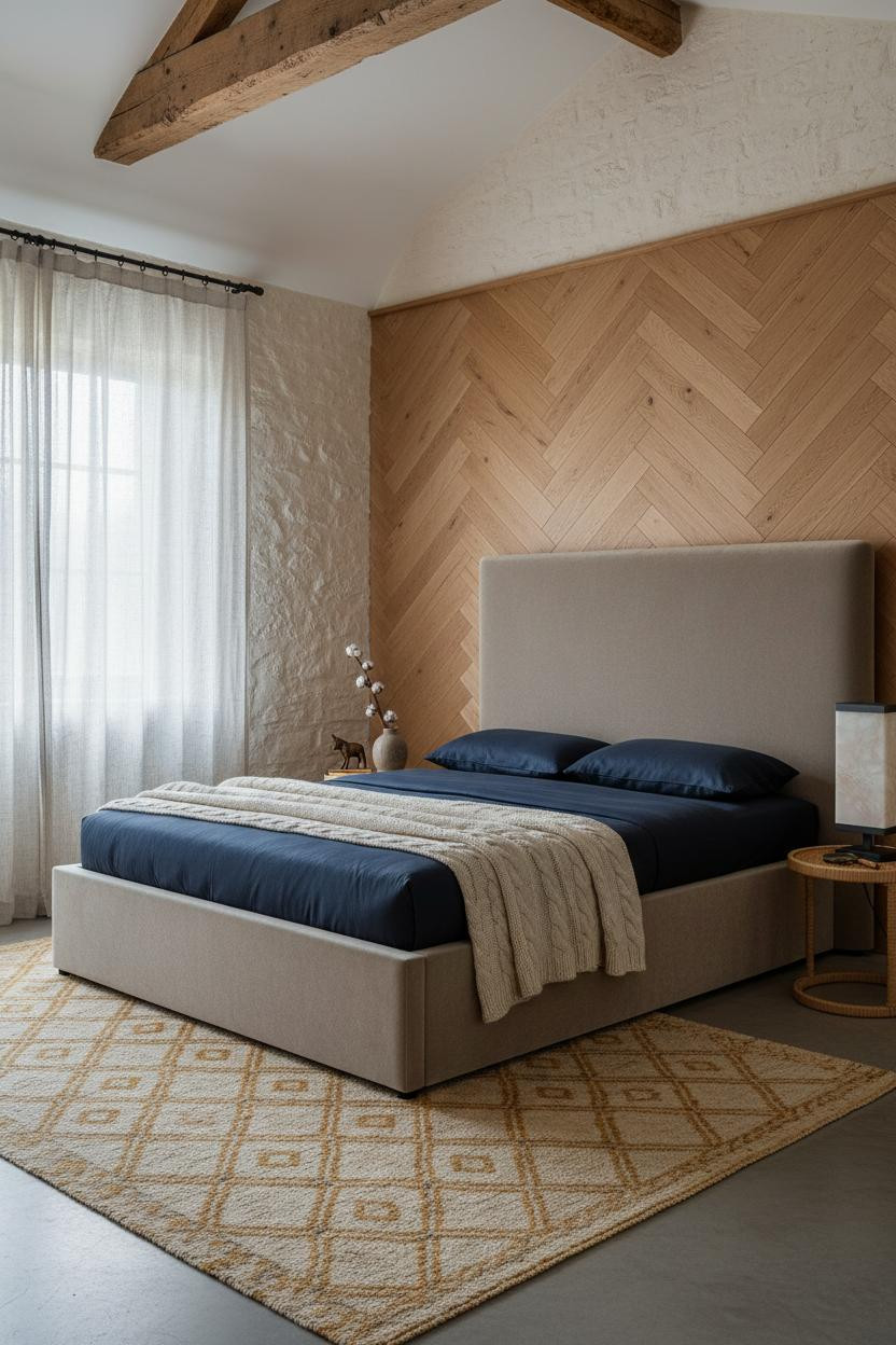Modern Vintage Bedroom Herringbone Wood Accent