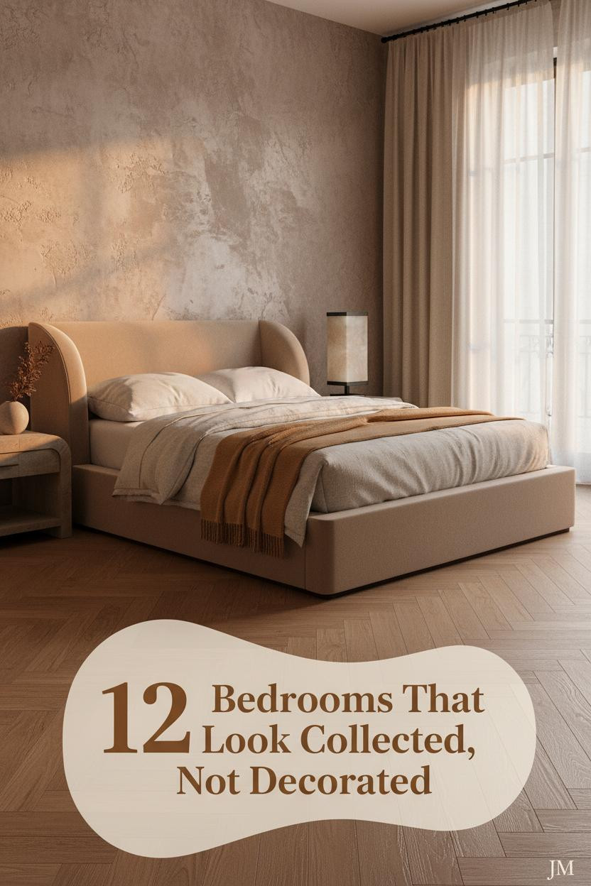 Vintage bedroom with aged mushroom plaster wall, herringbone oak floors, stone-washed linen bedding, camel wool throw, and warm amber lighting