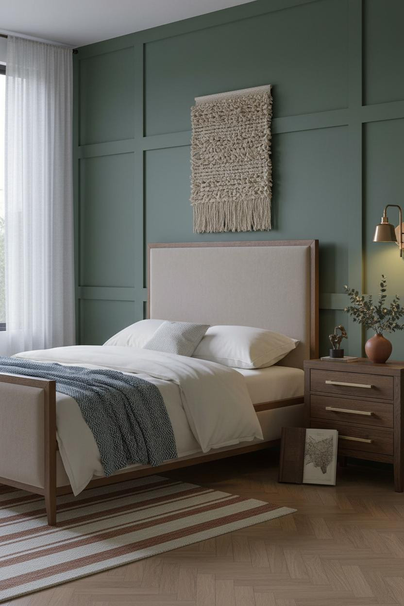 Modern Vintage Bedroom Olive Green Accent Wall