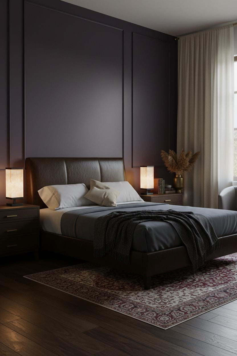 Moody Purple Bedroom Eggplant Walls Brass Lamps