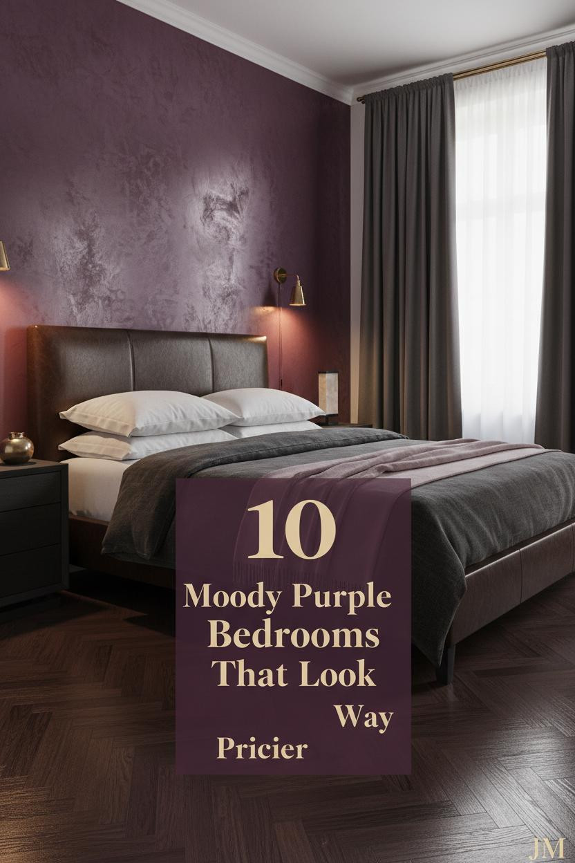 Moody purple bedroom with burgundy-violet Venetian plaster wall, espresso leather bed, charcoal velvet curtains, and warm brass sconce lighting