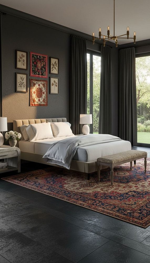 Dark charcoal bedroom with brass chandelier, beige upholstered bed, and traditional patterned rug