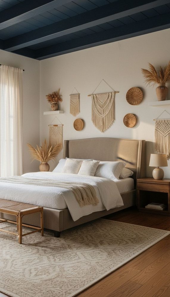 Bedroom with dark painted wood beam ceiling, neutral upholstered bed, macrame wall art, woven baskets
