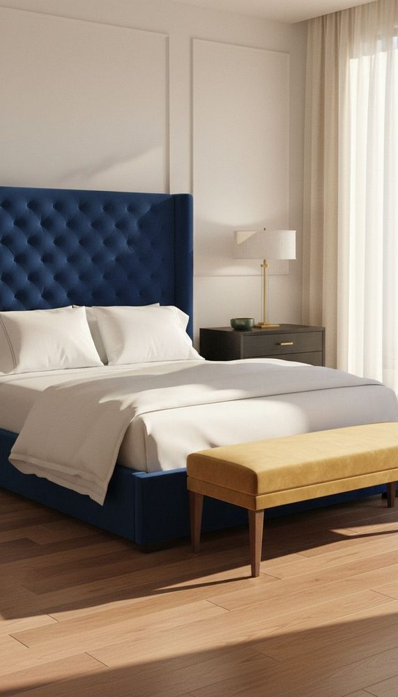 Navy tufted headboard with white bedding, dark wood nightstand, mustard bench, brass lamp, wood floors