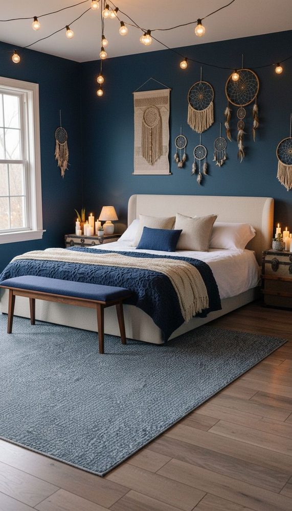 Navy blue bedroom with white upholstered bed, macrame wall art, string lights, and woven rug on hardwood floors