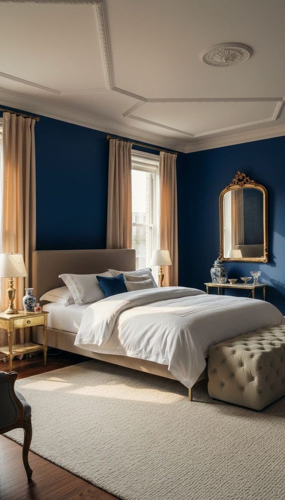 Navy blue bedroom with coffered ceiling, gold mirror, cream curtains, and white bedding on hardwood floors