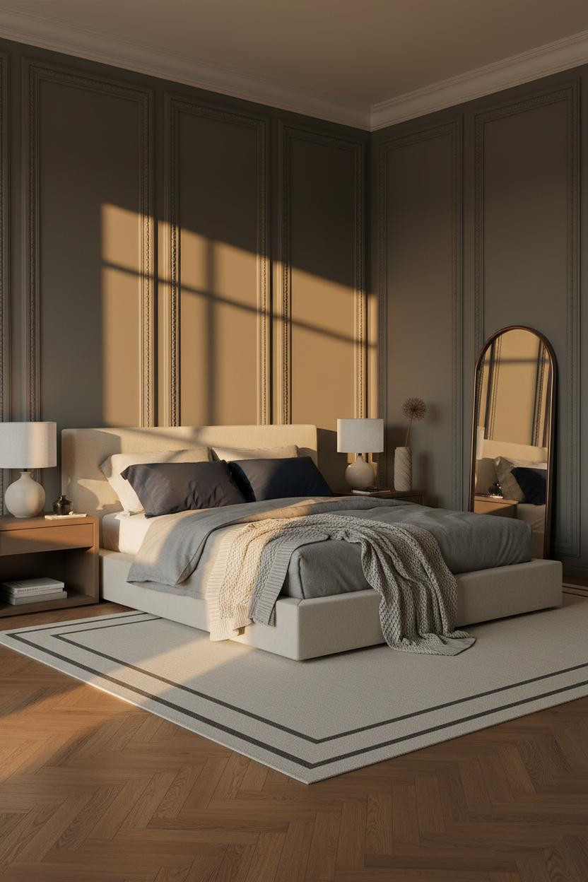 Neo Classical Bedroom Charcoal Pilasters Honey Wood