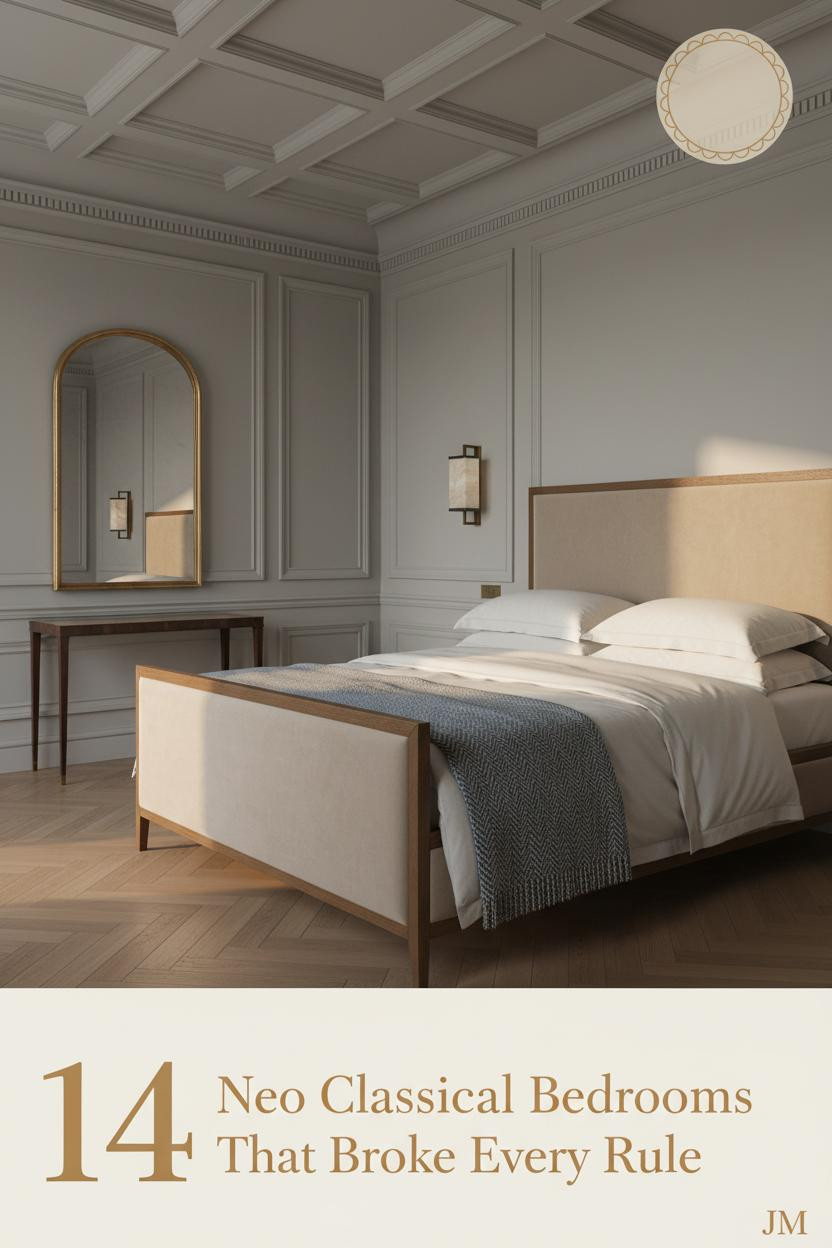 Neo classical bedroom with dove grey wainscoting, coffered ceiling, antique brass sconces, ivory bedding, and honey herringbone parquet floor